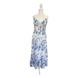 V. Chapman Corset Front-Slit Ruffled Gown – Provencal Blue Floral, Size 12